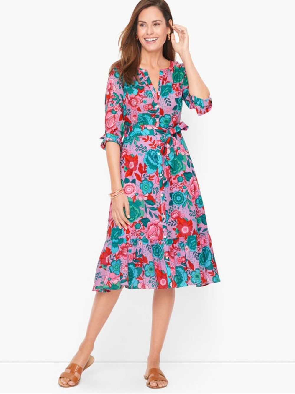 Talbots Pink Floral Midi Dress with Green & Red Accents 12P